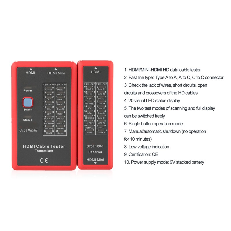 UT681HDMI HDmi MINIHDMI Data Cable Tester 20LED Status Indictor