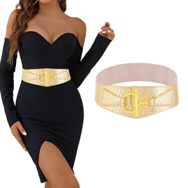 Tgirls - Cinturón elástico para mujer, estilo clásico, ancho, con hebilla, para mujer, con junta tórica dorada, para vestidos, Oro, Fit Waist:31''-36''