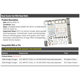 Engine Cylinder Head Gasket Set - with 16 Head Bolts, Manifold Gaskets, Valve Cover Gaskets, Stem Seals, and O-Rings - Compatible with 2006 Dodge Charger 3.5L V6