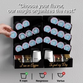 BREIKON Magic Rolling Pods K Cup 2 Unit Organizer, Wall Mount K Cup Holder, Black Acrylic Coffee Organizer, Space Saver K Cup Storage with Right and Left Oblique Shelves