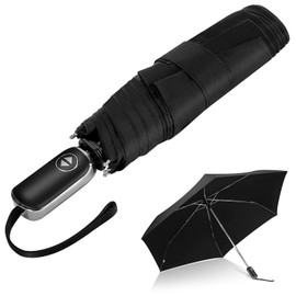 LEAGERA Automatic Flat Umbrella -Collapsible Portable Pocket Umbrella for Travel - Compact Mini Small Ultralight Umbrella for Backpack，Black Color
