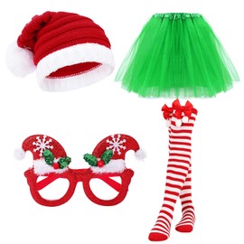 Ewaycom 4PCS Christmas Costume Set Including Christmas Hat Christmas Glasses Tutu Skirt Striped Tights Socks for Women