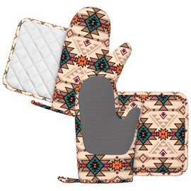 HEROARMOUR Aztec Print Oven Mitts Pot Holders Set Silicone Native American Kitchen Gloves Western Tribal Potholders Non-Slip Heat Resistant for Chef Baking Cooking Grilling BBQ 4 pcs Kitchen Mitts