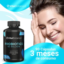Probiotics 60 Billion CFU de 2 Cepas Probioticos, Prebióticos y Lactobacilos 90 caps. Nopal, Inulina, Papaina, Bromelina y Vitamina C No Necesita Refrigeración. 60 Billones. VitalBotanics.