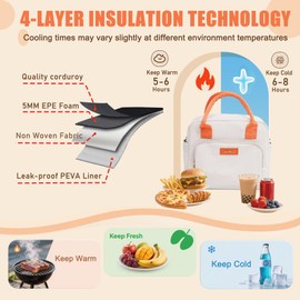 XKE-X Insulated Lunch Bag for Women & Men - Large Reusable Leakproof Cooler Tote Bag for Work, Picnic, Office, Gym, Hiking, Camping - Corduroy Lunch Box with Adjustable Strap & Multiple Pockets-Pink