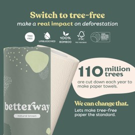 Betterway Bamboo Natural Brown Paper Towels - 8 Rolls, 2 Ply, 110 sheets - Plastic Free, PFAS Free, Disposable Kitchen Paper Towels - Select Size, Tree Free, Compostable, Strong & Absorbent
