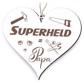 Bester Papa Heart Sign + Wooden Pendant with Engraving Held Vater - Father's Day Decoration Gift Set (Superhero Papa)