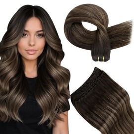 Hetto Real Hair Wefts, Black Ombre Brown, 50 cm Hair Extensions for Sewing, Remy Weft Extensions, Real Hair, Human Hair, Long Ombre #2/8/2 Darkest Brown to Ash Brown, 100 g