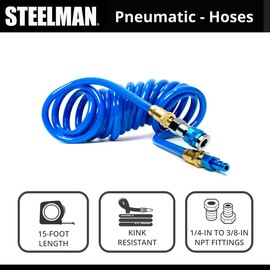 STEELMAN 15-Foot 3/8-Inch ID Coiled Air Hose with Adapter and Reusable 1/4-Inch NPT Brass Fittings, Kink and Abrasion-Resistant Polyurethane Tubing