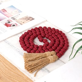 58in Wood Bead Garland with Tassels, Farmhouse Rustic Country Decor Prayer Boho Wall Hanging Decoration (Burgundy)
