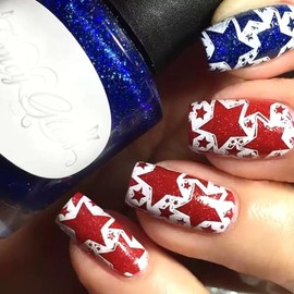 4th of July Press on Nails Short Square Fake Nails Red Blue Star False Nails with Glitter Glossy Glue on Nails Independence Day Acrylic Nails Full Cover Stick on Nails for Women Manicure 24Pcs