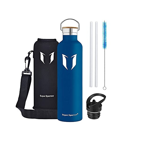 Super Sparrow Water Bottle -1000ml - Double Wall Vacuum Insulated Stainless Steel Bottle - Standard Mouth - Leak Proof Sports Bottle - with 2 Exchangeable Caps + Bottle Pouch (1000ml-32oz, Blueberry)