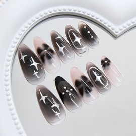 Black French Press on Nails Almond Medium Fake Nails with Designs Flower Stick on Nails Sliver Stars Acrylic False Nails Glossy Artificial Nails Full Cover Glue on Nails for Women 24Pcs