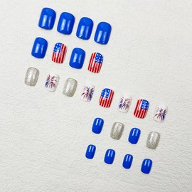 24Pcs 4th of July Fake Nails Short Press on Nails Square Cute False Nails Independence Day Artificial Glue on Nails Glitter Sliver Acrylic Nails American Flag Firework Stick on Nail for Women Manicure