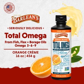 Barlean's Total Omega 3 6 9 Liquid Fish Oil Supplement with Borage and Flaxseed Oil, Orange Crème, 2,400 mg of EPA, DHA and GLA Fatty Acids, 16 oz