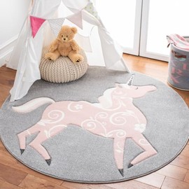 SAFAVIEH Carousel Kids Collection Area Rug - 5'3" Round, Grey & Pink, Non-Shedding & Easy Care, Ideal for High Traffic Areas for Boys & Girls in Playroom, Nursery, Bedroom (CRK163F)