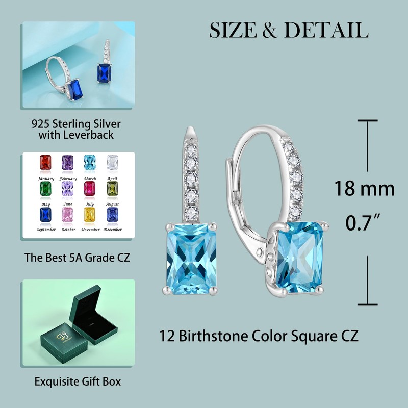 FJ Princess Cut Dangle Drop Earrings 925 Sterling Silver Leverback