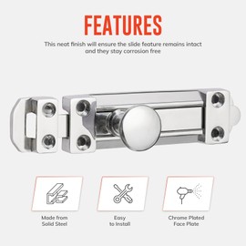 ZAVIA Chrome Door Bolt Lock (Pack of 2) | 4-inch (100mm) Surface Mounted Internal Sliding Bolt Lock for Bedroom, Bathroom, Cabinets, Cupboards & Other Wooden Doors