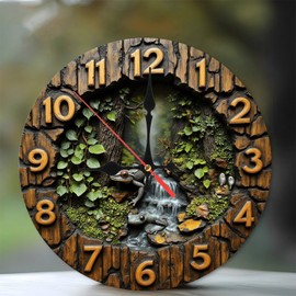 Lancholy Wooden Frog Waterfall Wall Clock Rustic Decor 10-Inch Wooden Wall Clock, Silent Movement, Battery Operated (AA Batteries Not Included), Artistic Home Decor, Perfect for Home Accents
