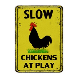 Slow Chickens at Play Caution or Chicken Crossing Sign, 14x10 Inch Rust Free Aluminum Metal Sign,Reflective,Fade Resistant,UV Protected,Weatherproof Up to 7 Years Indoor/Outdoor Use