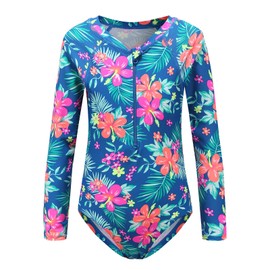 Moon Tree Girls Swimming Costume One Piece Swimsuits Long Sleeve Rash Guard Blue 5-6 Years
