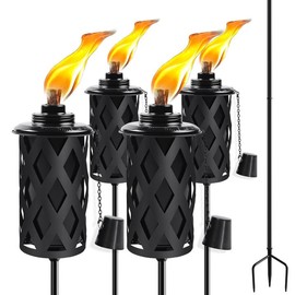 FALBAWR Citronella Torches for Outside Set of 4, 16 Oz Outdoor Torches with 3-Prong Grounded Stake, 59 Inch Metal Torch for Garden Décor, Outside Torches for Backyard, Garden, Patio（Black）