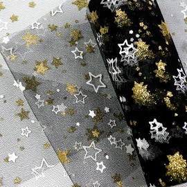 Yuanchuan Golden Star Glitter Tulle Rolls 6 inch x 10 Yards (30 feet) Black Tulle Rolls Spool Fabric Tutu for DIY Skirts Wedding Gift Wrap Sewing Crafting Bow Bridal Decorations Birthday Party (Black)