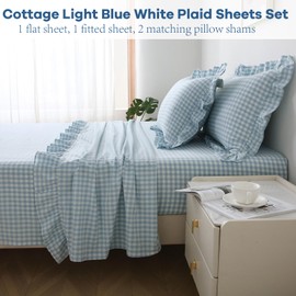 K MASANIJI Light Blue White Plaid Ruffle Gingham Sheets Queen Size 4-Piece Set, 300TC 100% Yarn Dyed Cotton Sheets 18 in Deep Pocket Decorative Bedding (Light Blue/White Plaid, Queen)