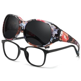 TJUTR Sunglasses Fit Over Glasses for Women, Trendy Oversized Sun Glasses Wrap Around Shades Polarized UV400 Protection (A3 Floral/Grey)
