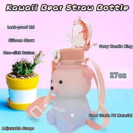 Kawaii Water Bottle Cute Teddy Bear Water Bottles with Straw, Adjustable Strap, Portable Leakproof BPA-Free Drinking Cups 27oz for Girls School Sports Travel (Pink/Blue)