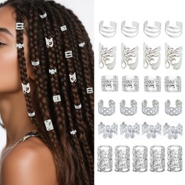 BSARECEY 60Pcs Hair Jewelry Braid Cuffs Silver hair Jewels for Women Dreadlock Hair Charms Adjustable Hair Rings Loc Decorations Accessories