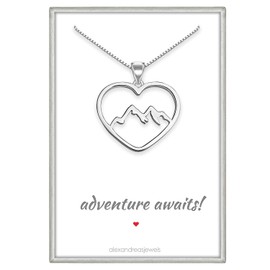 Sterling Silver Heart Mountain Range Necklace, Silver Mountain Necklace for Women, Travel Necklace, Retirement Necklace, Graduation Gift Necklace (18 inches plus 2-inch extender)