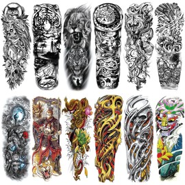 CUTELIILI Full Arm Temporary Tattoo for Men, 12 Sheets Skull Skeleton Sleeve Tattoos Temporary, Fake Tattoos, Tigers, Dragon, Japanese, Wolf