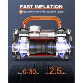 UUP Tire Inflator Air Compressor, 150PSI 12V DC Double Cylinders Heavy Duty Portable Air Pump w/Emergency LED Light for Truck, SUV, Car, RV
