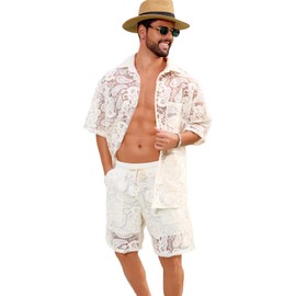 CAALEIS Men's 2 Piece Lace Outfit See Through Beach Shirt and Shorts Set Summer Casual Vacation Party Matching Set