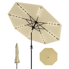 GarveeLife 9 Ft Patio Umbrella with Solar Lights, 8 Ribs Outdoor Market Table Umbrella with 32 LED Lights & Tilt Crank for Pool, Deck, Backyard, Beige