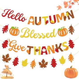 Psiokimi Give Thanks Banner, 4 Pcs Thanksgiving Banner Decorations, Glitter Pumpkin Maple Leaves Happy Fall Banners for Thanksgiving Decorations Fall Festival Give Thanks Party