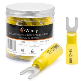 Wirefy Heat Shrink Fork Connectors #8 - Marine Grade Fork Terminals - Spade Fork Wire Connectors - Yellow 12-10 Gauge 90 PCS