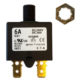 E-T-A Circuit Protection and Control 1658-G21-01-P10-6A , Circuit Breaker, Therm, Push, Cur-Rtg 6A, Flange, 1 Pole, Vol-Rtg 240/28VAC/VDC