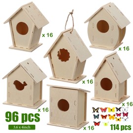 Kisston 120 Pcs Wooden Birdhouse Kits for Kids to Build and Paint DIY Bird Houses for Children Bird House Crafts in 6 Shapes and Stereoscopic Butterfly Sticker for Art Project Crafts Class Party