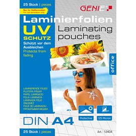 Genie Laminating Pouches DIN A4 with UV Protection, 125 Microns, UV-Resistant - Protects Against Radiation, Pack of 25