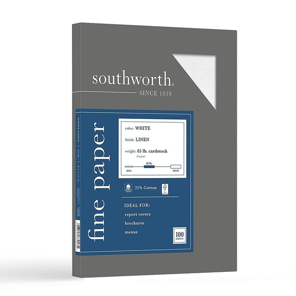Southworth 25% Cotton Business Coverstock, 8.5" x 11", 65 lb/176 GSM, Linen Finish, White, 100 Sheets - Packaging May Vary (Z550CK)