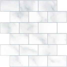 CHIHUT 12''x12'' White 3D Marble Peel and Stick Backsplash Tiles 6 Sheets Glossy Self Adhesive Waterproof Wall Tiles for Bathroom Shower Upgraded Thick Subway Tile for Kitchen Laundry Room