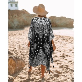 Kimonos for Women Casual Swimsuit Coverup Lightweight Boho Kimono Cardigans for Summer（Black Flower）