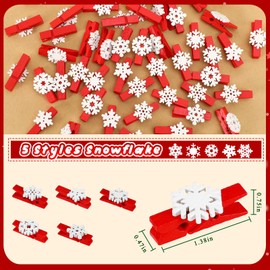 NOVWANG Christmas Wooden Clothespins, 60pcs Mini Snowflake Wooden Clothes Pins, Christmas Mini Photo Clips with 5 Style Snowflakes for Card Paper Photo Decorations Display