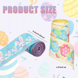 2 Rolls Easter Ribbon Wired, 2.5 Inch x 5 yd Wire Craft Ribbon Easter Colorful Eggs & Bunny Ribbon Burlap Spring Easter Decorations for Party Holiday Wrapping Gift Bows Wreath Making