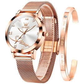 OLEVS Women's Watch Rose Gold with Heart Diamond Black White Face Quartz Wrist Watch Waterproof Belt Bangle Set, Roségold/white, Bracelet