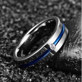 Phyonio 6/8mm Tungsten Rings for Men Wedding Ring Silver Rings Blue Thin Line Beveled Edge with Cubic Zircon Inlay Promise Ring Engagement Band Dome Style Size 6