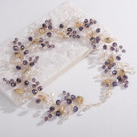 Lenjicons Dainty Rhinestone Beads Hair Vine Gold Leaf Crystal Beads Hairband Handmade Leaf Rhinestone Headpiece Vintage Leaves Beads Hair Vine for Wedding Women (purple, free size)
