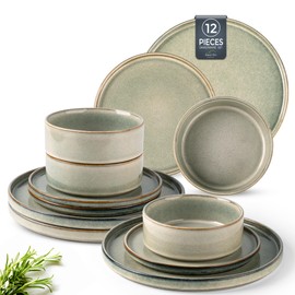 AmorArc Ceramic Dinnerware Sets, Handmade Reactive Glaze Stoneware Plates and Bowls Sets,Highly Chip and Crack Resistant | Dishwasher & Microwave Safe Dishes Set, Service for 4 (12pc)